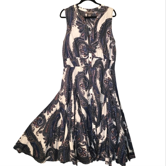 Chelsea & Theodore Wmns 1X Cotton Paisley Blue White Pink Midi Dress Button-up - Picture 1 of 13